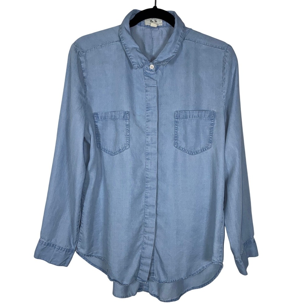 Per Se Blue Tencel Chambray Shirt XL Soft Denim Button Down Blouse Coastal Boho
